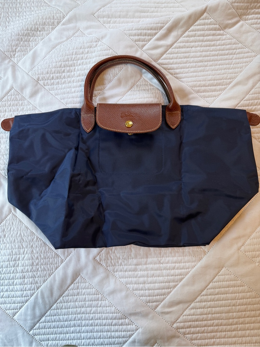 Classic Longchamp Le Pilage Medium Navy Tote with Brown Trim